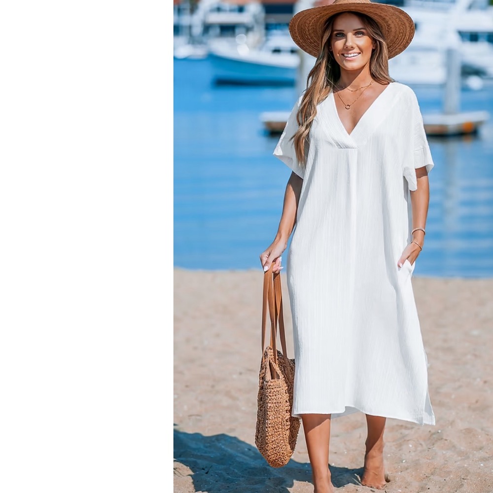 Cupshe White Crinkle V-Neck Midi Kaftan Dress with Pockets Size M